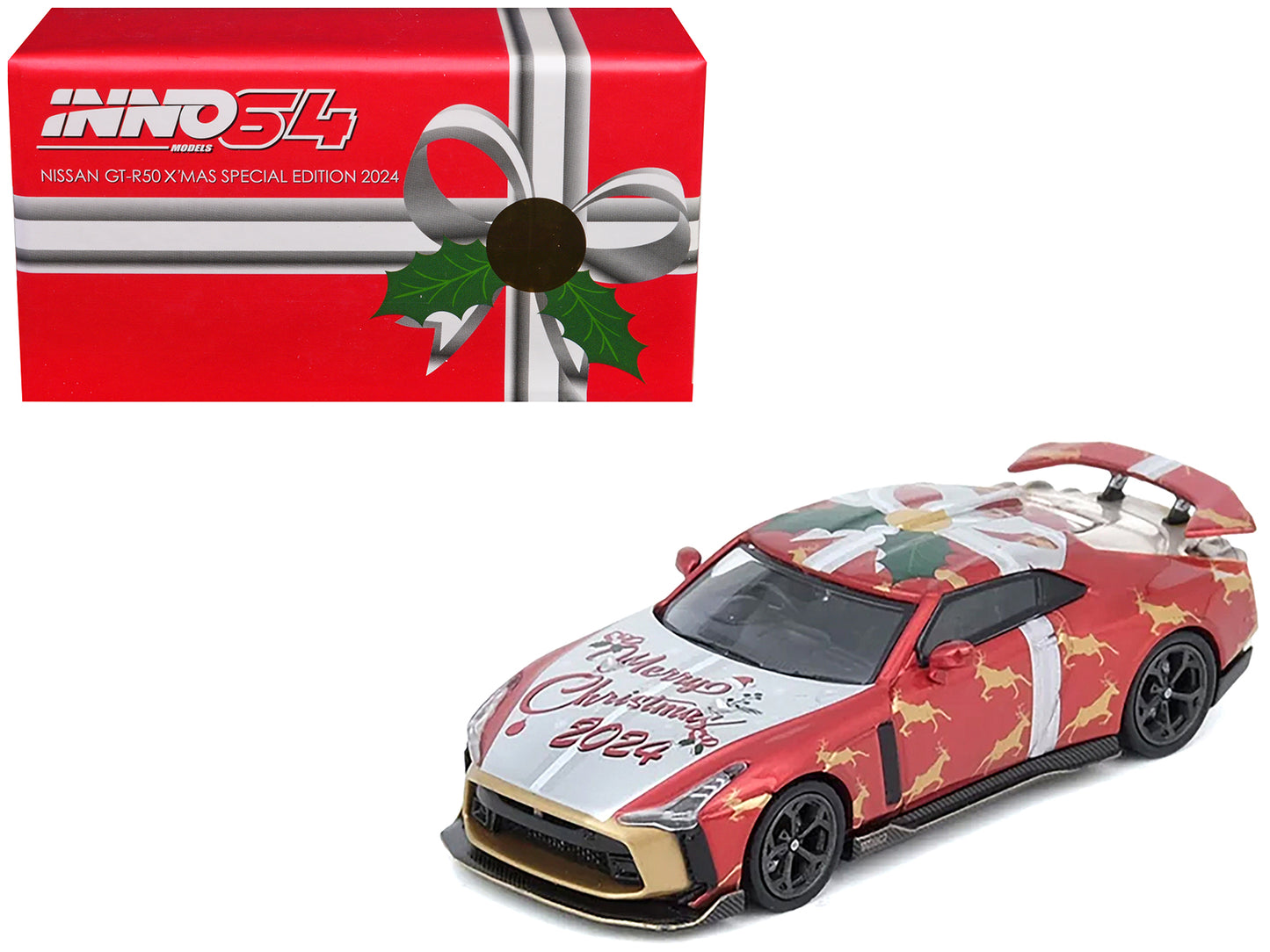 Nissan GT-R50 By ItalDesign RHD (Right Hand Drive) "Christmas 2024 Special Edition" Red Metallic with Christmas Graphics 1/64 Diecast Model Car by Inno Models-DiecastModeler.com