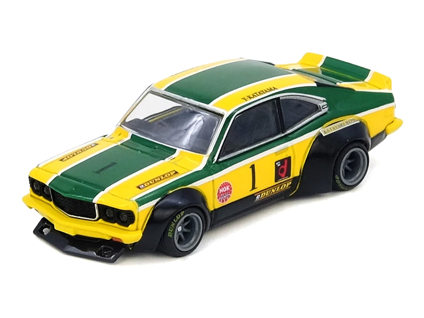 Mazda RX-3 Savanna RHD (Right Hand Drive) #1 "Katayama Racing Livery" Green and Yellow Striped 1/64 Diecast Model Car by Inno Models