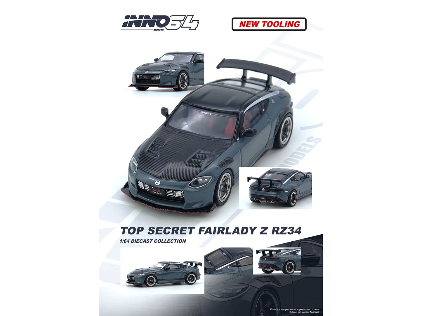 Nissan Fairlady Z "Top Secret" (RZ34) RHD (Right Hand Drive) Stealth Gray with Carbon Hood and Black Top 1/64 Diecast Model Car by Inno Models-DiecastModeler.com