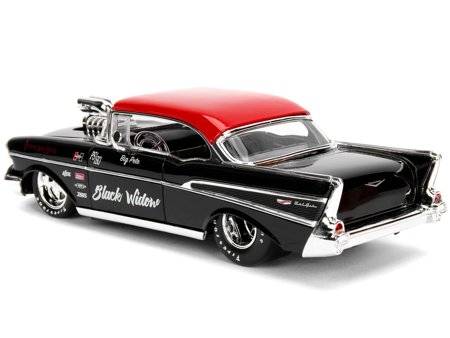 1957 Chevrolet Bel Air Black with Red Top "Pete's Auto Body: Black Widow" "Bigtime Muscle" Series 1/24 Diecast Model Car by Jada-DiecastModeler.com