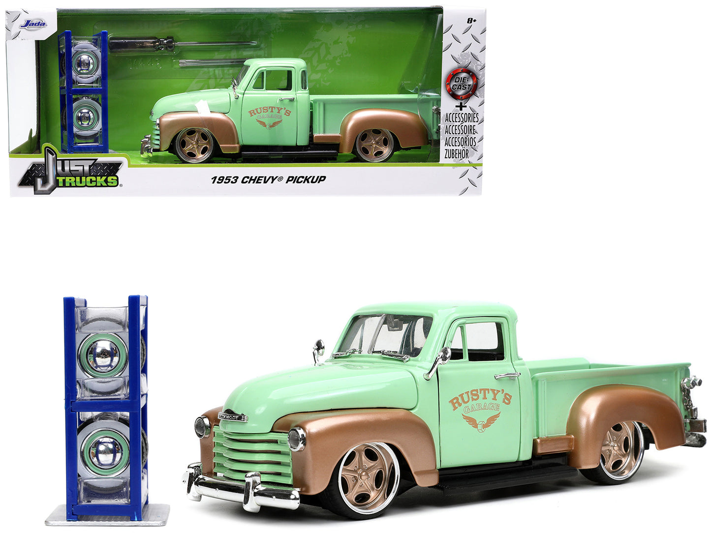 1953 Chevrolet 3100 Pickup Truck Light Green and Gold Metallic "Rusty's Garage" with Extra Wheels "Just Trucks" Series 1/24 Diecast Model Car by Jada-DiecastModeler.com