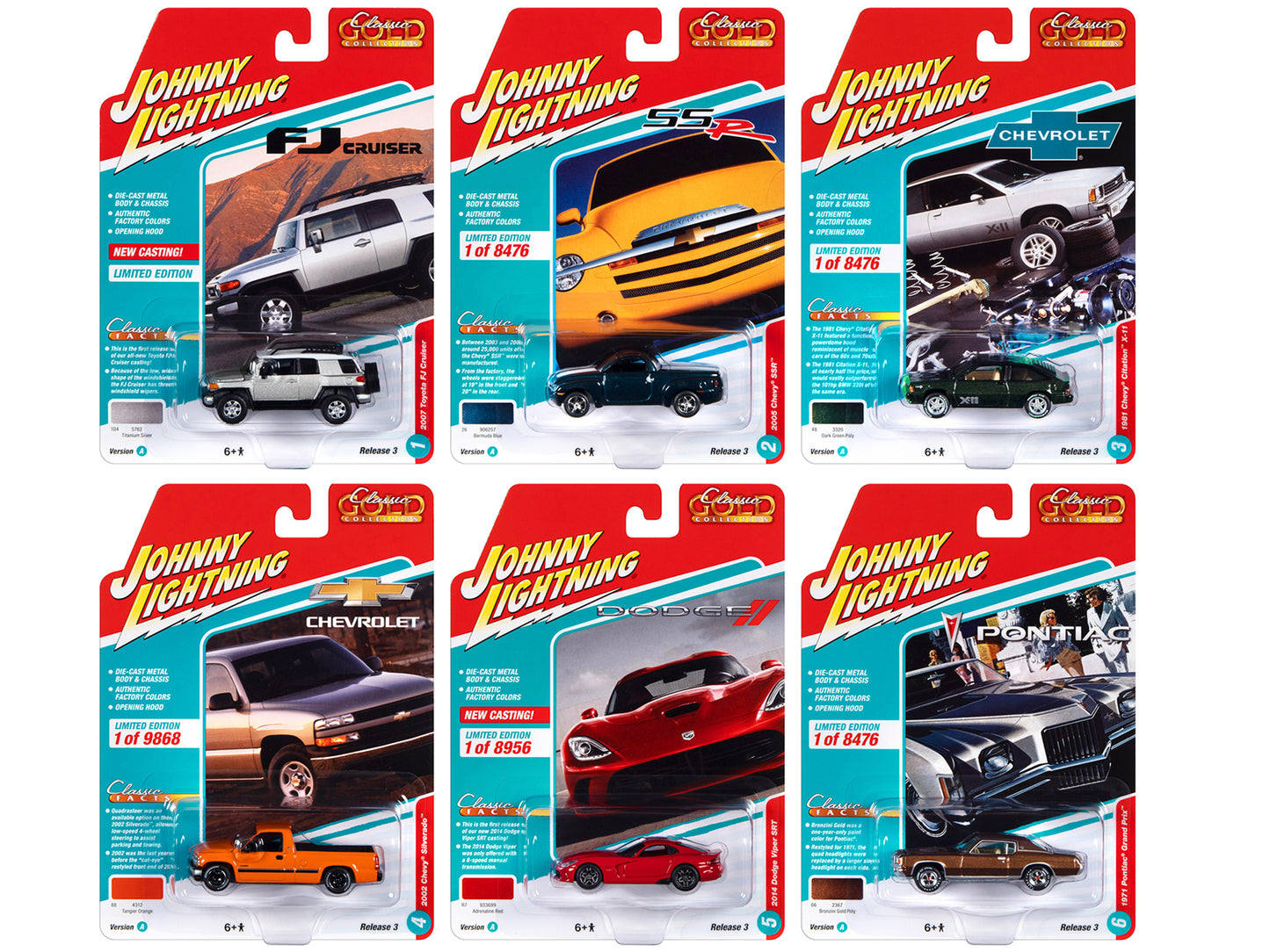 "Classic Gold Collection" 2022 Set A of 6 Cars Release 3 1/64 Diecast Model Cars by Johnny Lightning-DiecastModeler.com