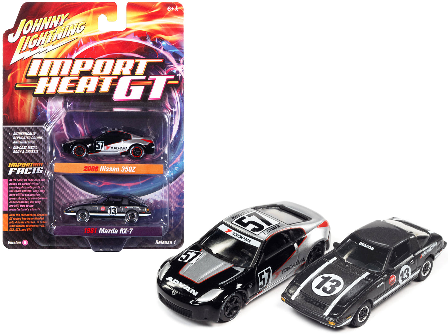 2006 Nissan 350Z #57 Black and Silver with Graphics and 1981 Mazda RX-7 #13 Dark Silver with Stripes "Import Heat GT" Set of 2 Cars 1/64 Diecast Model Cars by Johnny Lightning-DiecastModeler.com