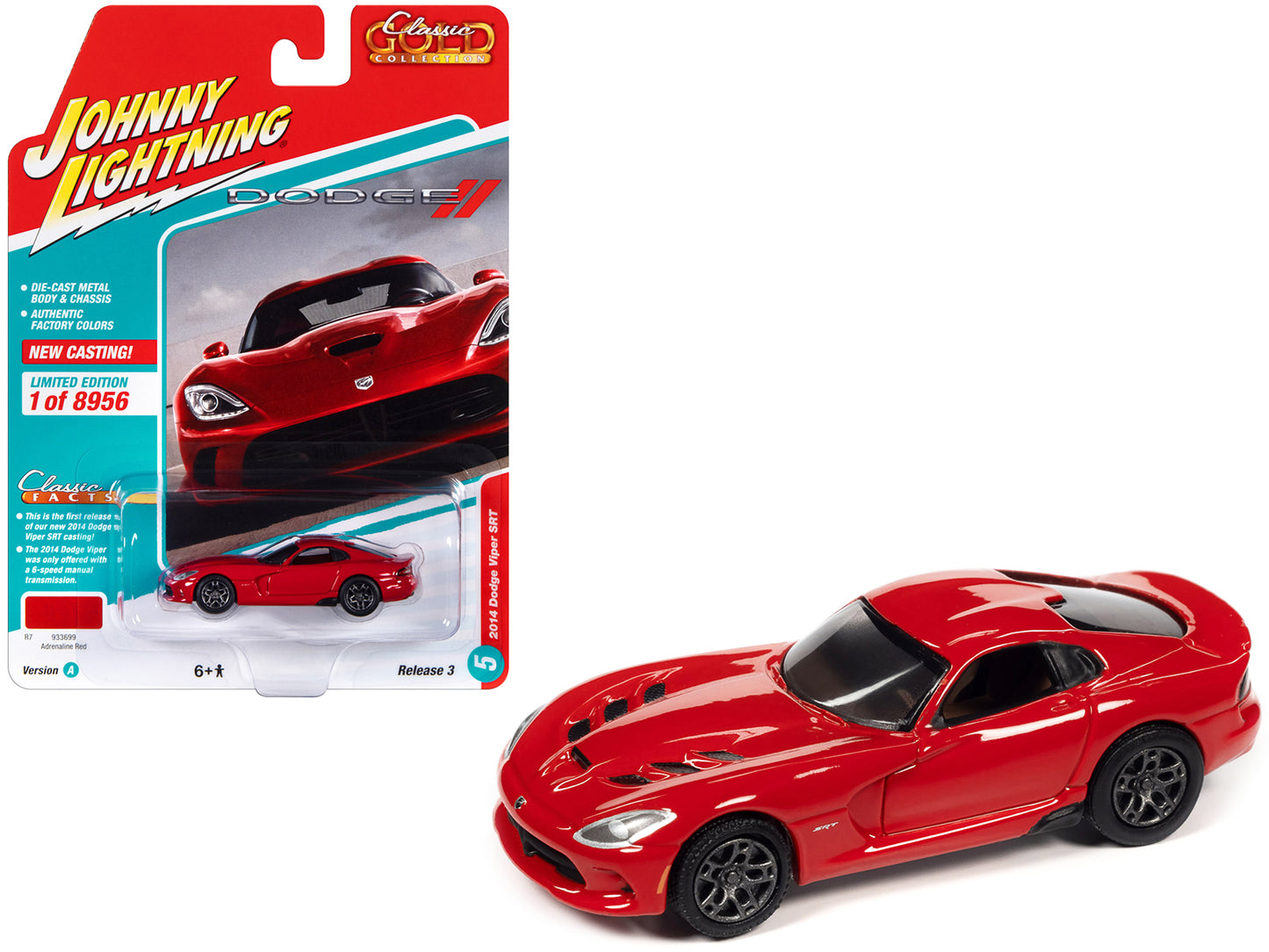 2014 Dodge Viper SRT Adrenaline Red "Classic Gold Collection" Series Limited Edition to 8956 pieces Worldwide 1/64 Diecast Model Car by Johnny Lightning-DiecastModeler.com
