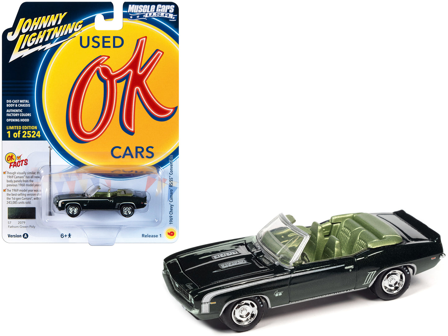 1969 Chevrolet Camaro RS/SS Convertible Fathom Green Metallic with White Stripes and Light Green Interior Limited Edition to 2524 pieces Worldwide "OK Used Cars" 2023 Series 1/64 Diecast Model Car by Johnny Lightning-DiecastModeler.com