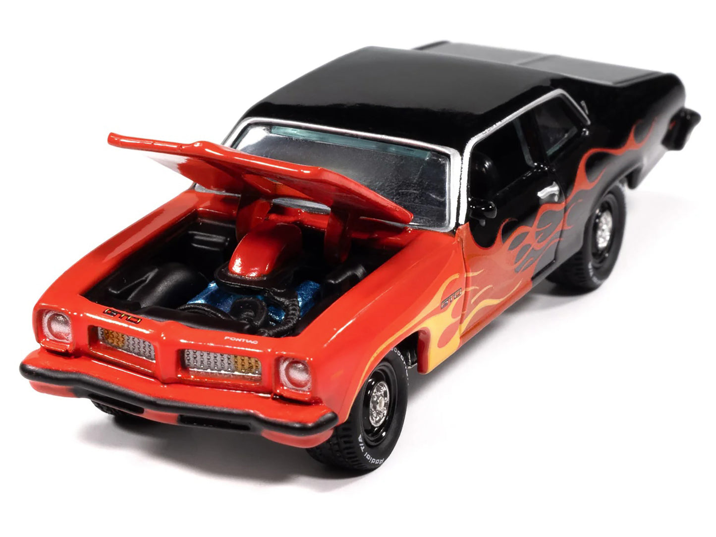 1974 Pontiac GTO Black and Red with Flame Graphics "Black with Flames" Series 1/64 Diecast Model Car by Johnny Lightning