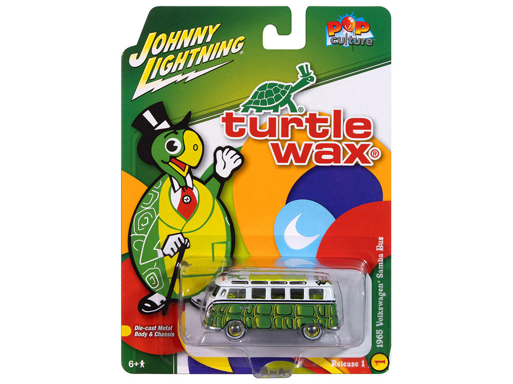 1965 Volkswagen Samba Bus "Turtle Wax" White and Green with Graphics "Pop Culture" 2025 Release 1 1/64 Diecast Model Car by Johnny Lightning