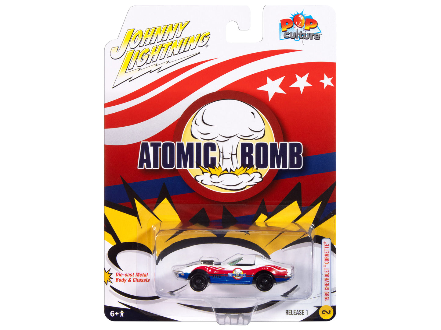 1969 Chevrolet Corvette "Atomic Bomb" White with Red and Blue Graphics "Stuntman Mike's Ride Along Racing" "Pop Culture" 2025 Release 1 1/64 Diecast Model Car by Johnny Lightning-DiecastModeler.com