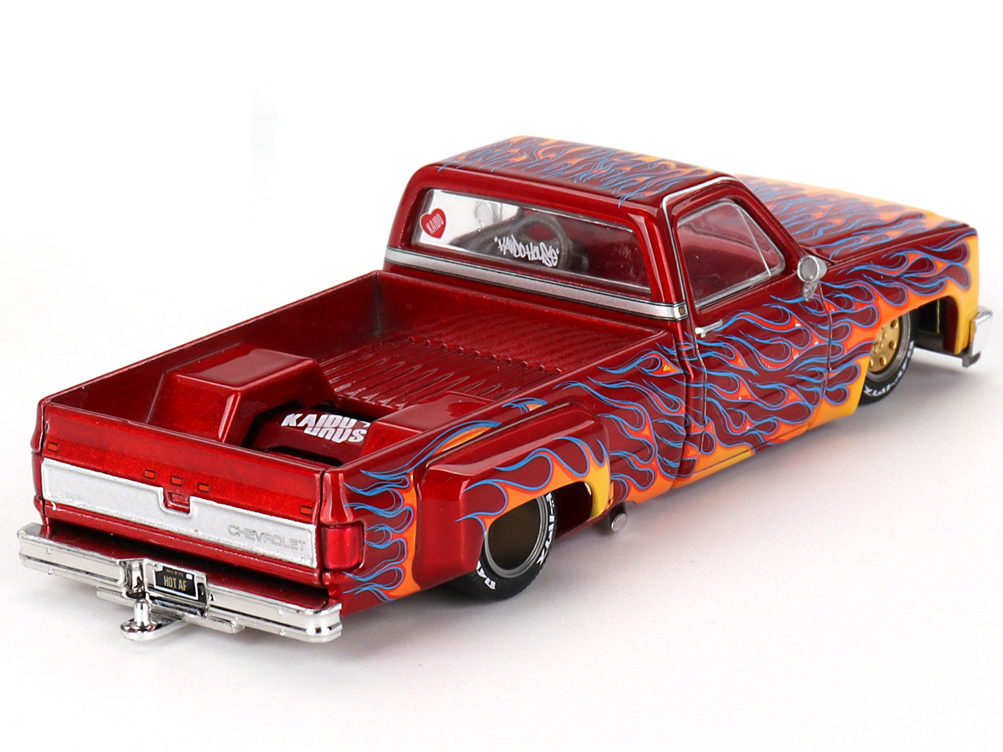 Chevrolet Silverado Dually Pickup Truck "On Fire V1" Red Metallic with Flames and Red Interior (Designed by Jun Imai) "Kaido House" Special 1/64 Diecast Model Car by Mini GT-DiecastModeler.com
