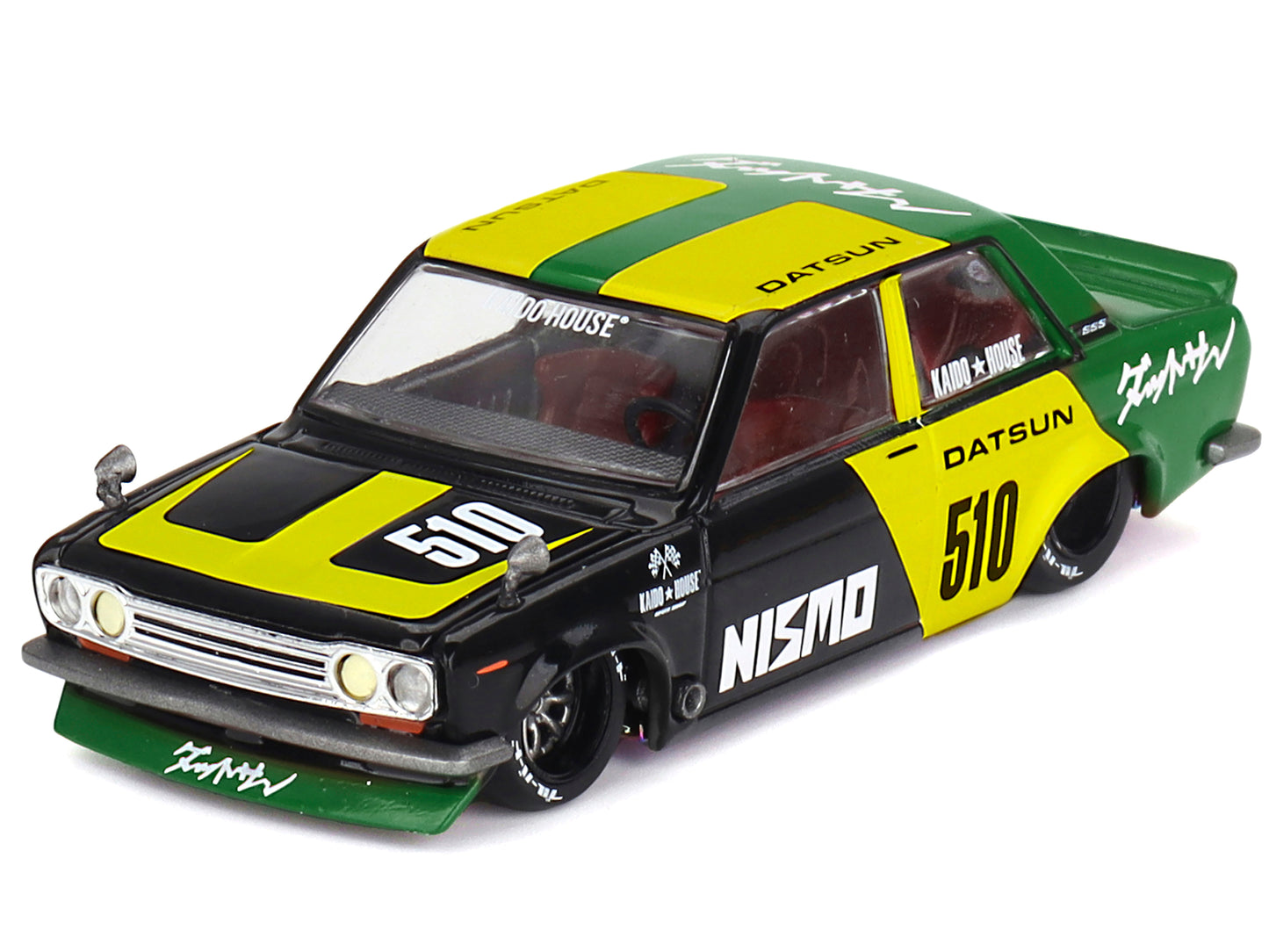 Datsun Street 510 "Racing V2" Black and Green with Yellow Accents (Designed by Jun Imai) "Kaido House" Special 1/64 Diecast Model Car by Mini GT-DiecastModeler.com
