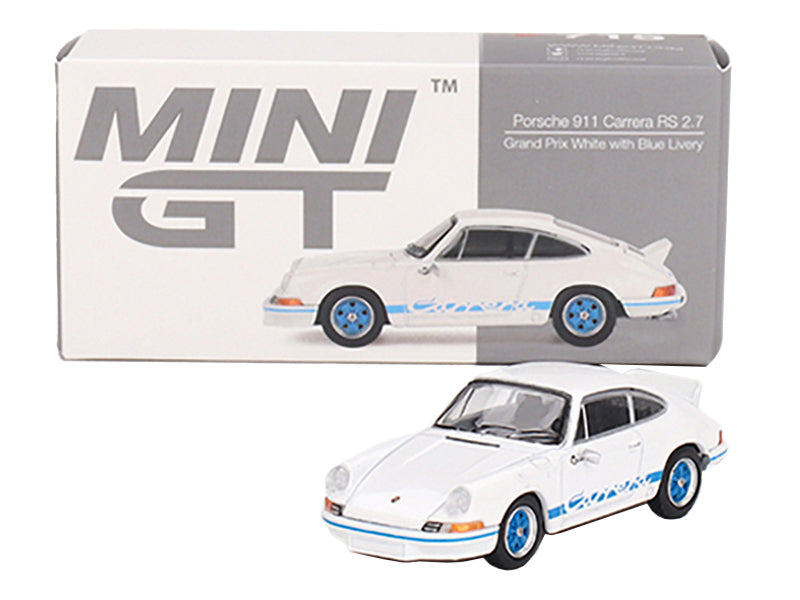 Porsche 911 Carrera RS 2.7 Grand Prix White with Blue Stripes and Wheels Limited Edition to 4800 pieces Worldwide 1/64 Diecast Model Car by Mini GT