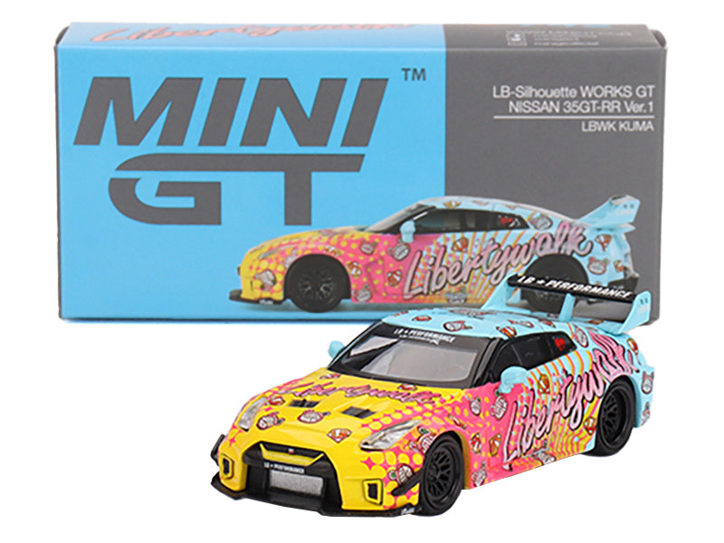 Nissan 35GT-RR Ver.1 "LB-Silhouette Works GT" Light Blue and Yellow with Graphics "LBWK KUMA" Limited Edition 1/64 Diecast Model Car by Mini GT-DiecastModeler.com