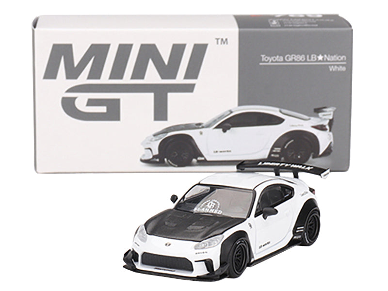 Toyota GR86 "LB-Nation - Liberty Walk" White with Carbon Hood Limited Edition 1/64 Diecast Model Car by Mini GT