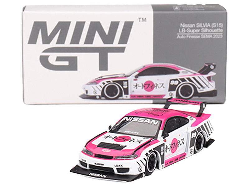 Nissan "LB-Super Silhouette" S15 SILVIA RHD (Right Hand Drive) #99 "Auto Finesse - SEMA 2023" White and Pink Limited Edition 1/64 Diecast Model Car by Mini GT