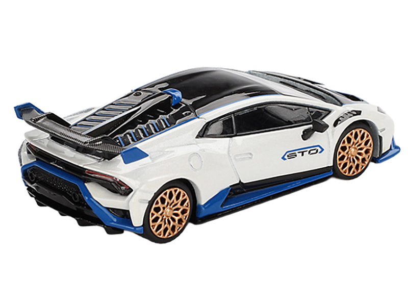 Lamborghini Huracan STO Bianco Asopo White with Black Top and Blue Accents Limited Edition 1/64 Diecast Model Car by Mini GT