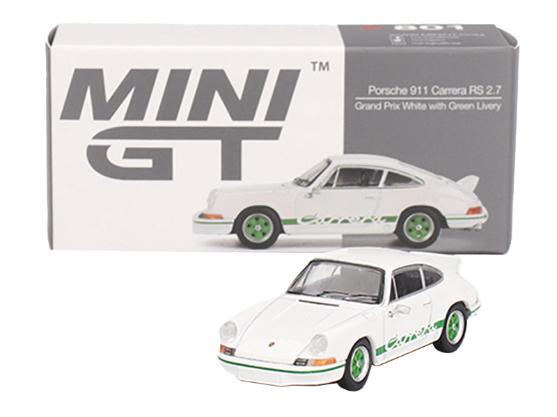 Porsche 911 Carrera RS 2.7 Grand Prix White with Green Stripes and Wheels Limited Edition 1/64 Diecast Model Car by Mini GT-DiecastModeler.com