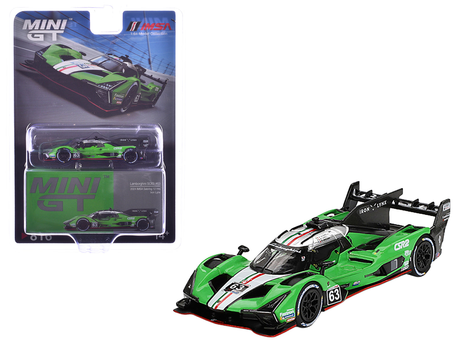 Lamborghini SC63 #63 Matteo Cairoli - Andrea Caldarelli - Romain Grosjean "Iron Lynx" IMSA "12 Hours of Sebring" (2024) Limited Edition 1/64 Diecast Model Car by Mini GT-DiecastModeler.com