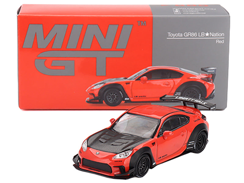 Toyota GR86 "LB-Nation - Liberty Walk" Red with Carbon Hood Limited Edition 1/64 Diecast Model Car by Mini GT