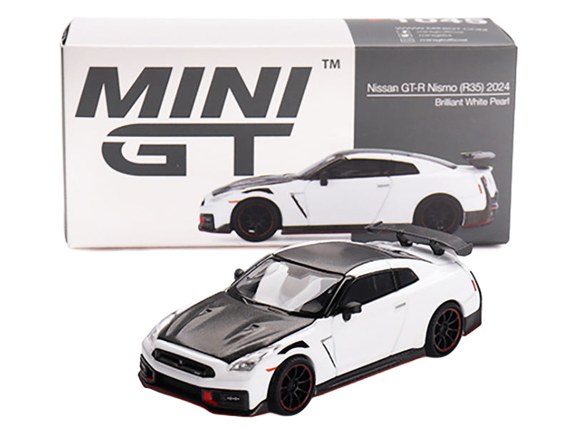 2024 Nissan GT-R Nismo (R35) Brilliant White Pearl with Carbon Hood and Top Limited Edition 1/64 Diecast Model Car by Mini GT