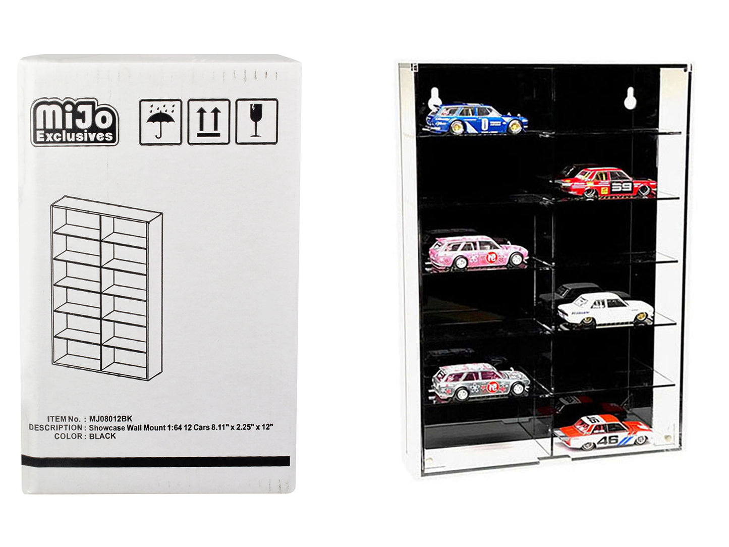 Showcase 12 Car Display Case Wall Mount with Black Back Panel "Mijo Exclusives" for 1/64 Scale Models-DiecastModeler.com