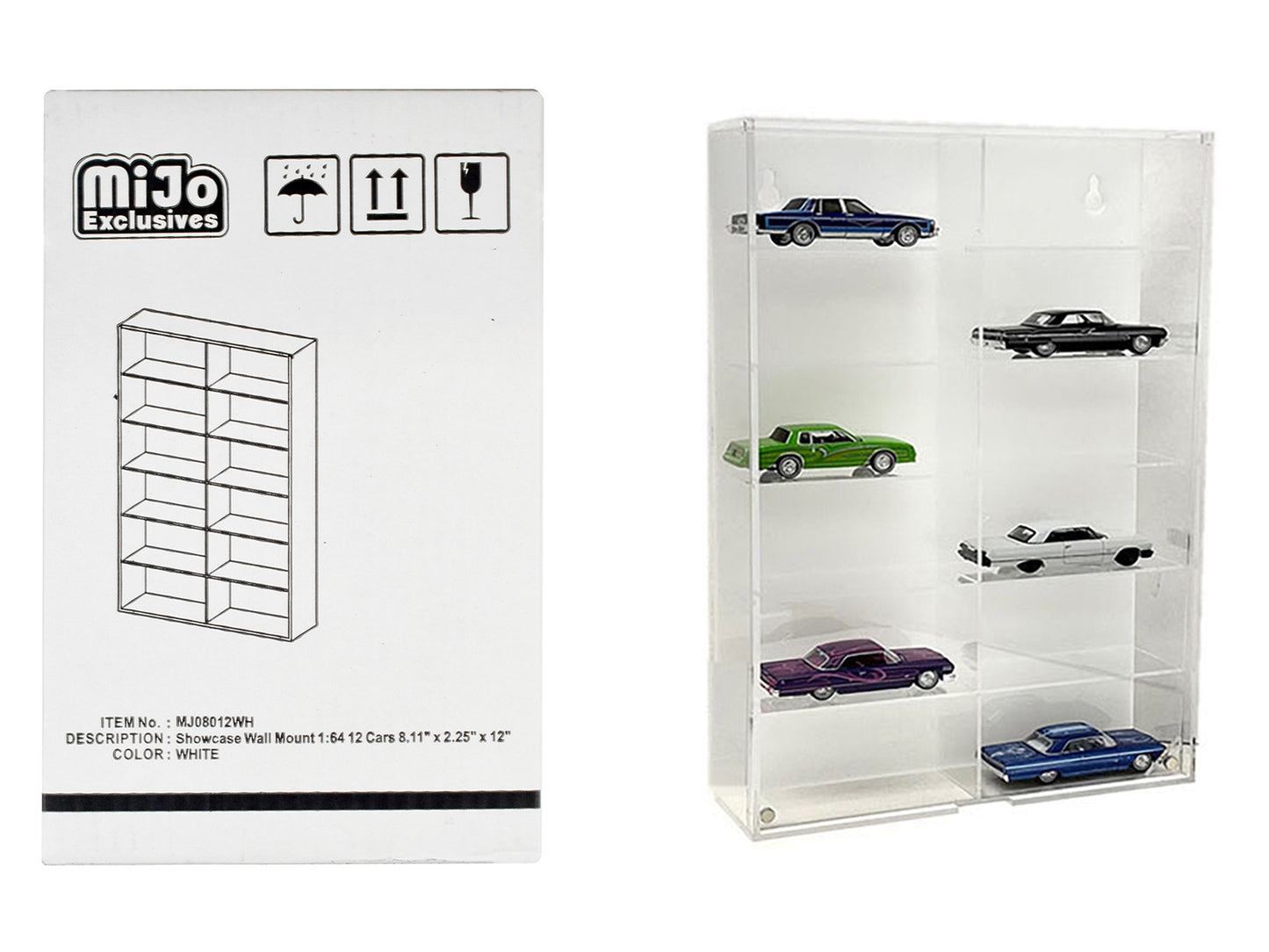 Showcase 12 Car Display Case Wall Mount with White Back Panel "Mijo Exclusives" for 1/64 Scale Models-DiecastModeler.com