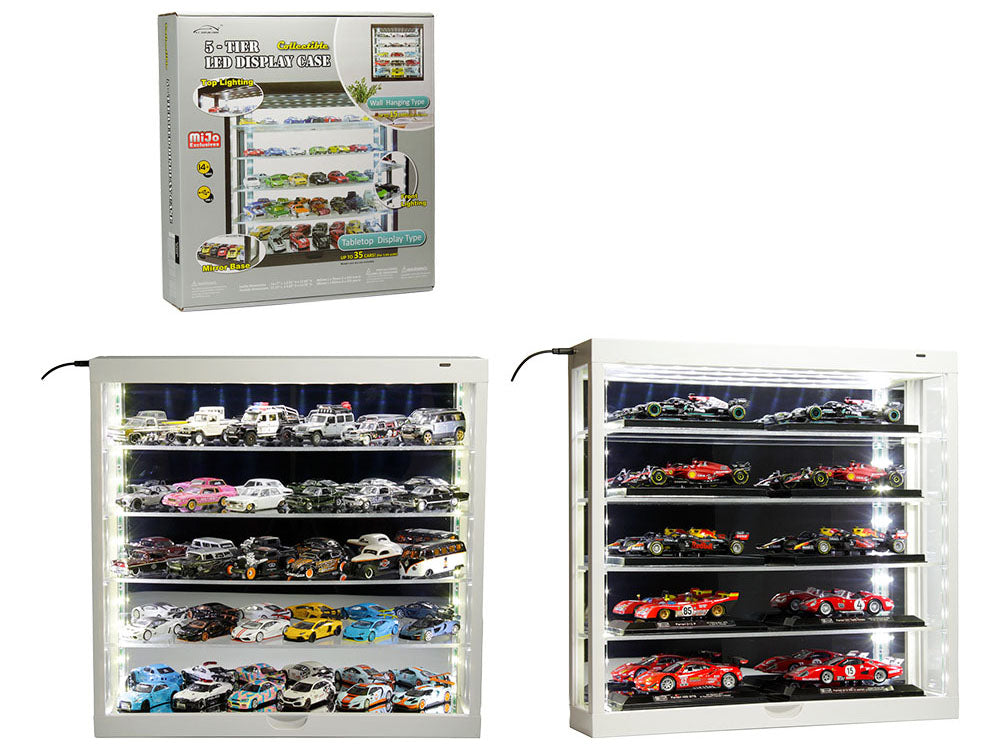 Showcase Wall Mount 5 Tier Display Case White with Mirror Back Panel "Mijo Exclusives" for 1/64-1/43 Scale Models-DiecastModeler.com