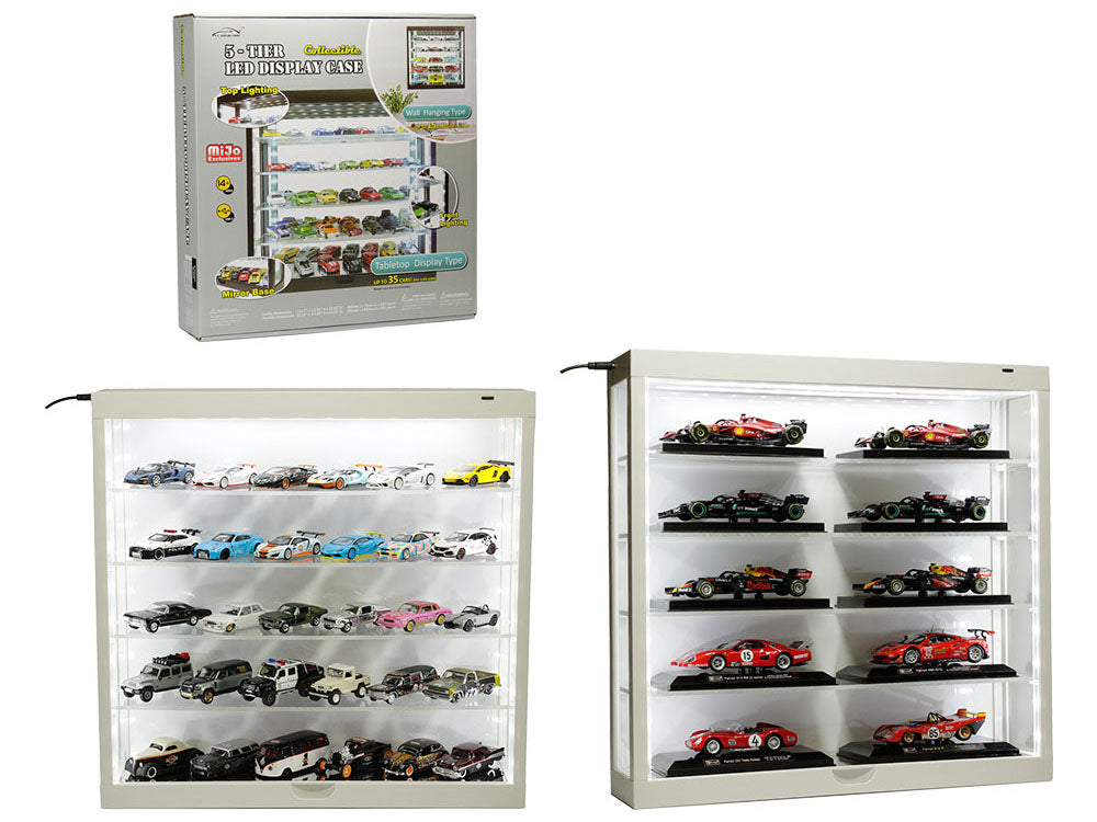 Showcase Wall Mount 5 Tier Display Case White with White Back Panel "Mijo Exclusives" for 1/64-1/43 Scale Models-DiecastModeler.com
