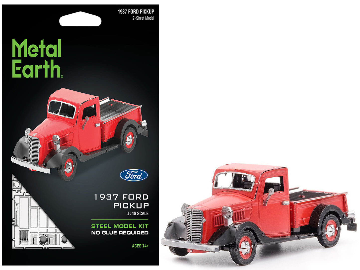 Model Kit 1937 Ford Pickup Truck Red and Black (Moderate Difficulty) Steel Model by Metal Earth-DiecastModeler.com