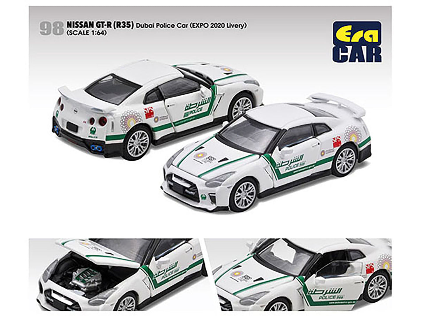 Nissan GT-R (R35) White Dubai Police "EXPO 2020" Livery Limited Edition to 720 pieces Worldwide 1/64 Diecast Model Car by Era Car-DiecastModeler.com