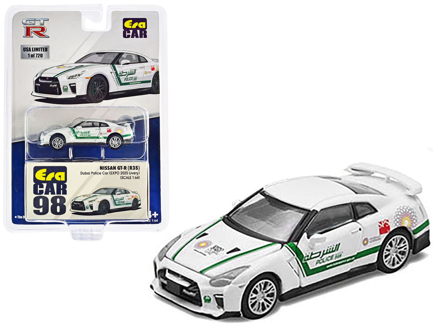 Nissan GT-R (R35) White Dubai Police "EXPO 2020" Livery Limited Edition to 720 pieces Worldwide 1/64 Diecast Model Car by Era Car-DiecastModeler.com