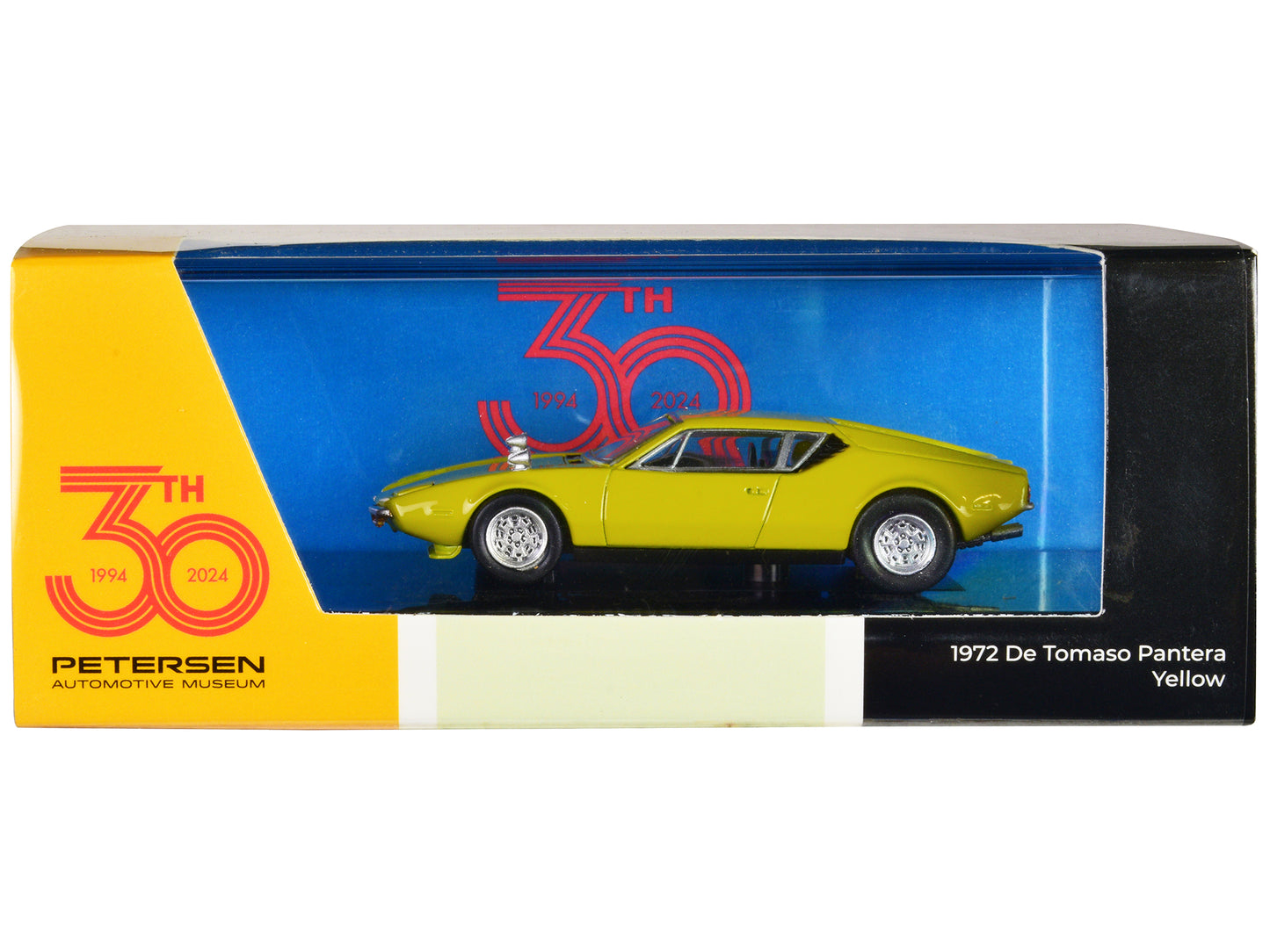 1972 De Tomaso Pantera Yellow "Petersen Automotive Museum 30th Anniversary" 1/64 Diecast Model Car by Paragon Models-DiecastModeler.com