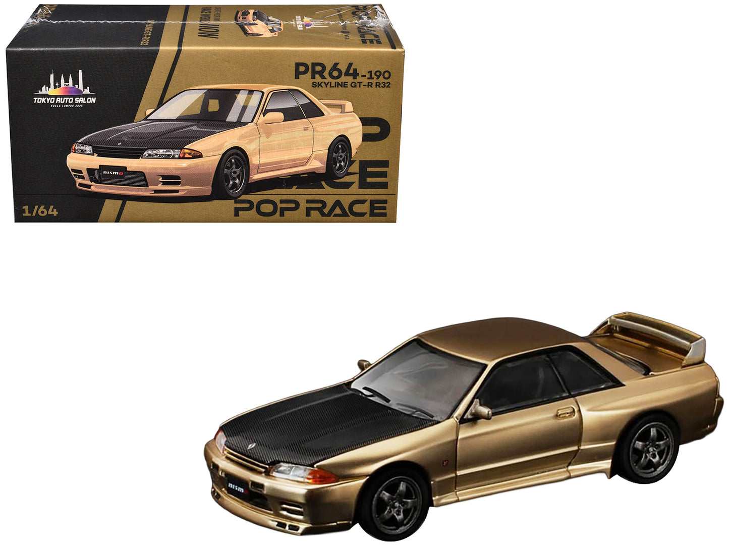 Skyline GT-R R32 RHD (Right Hand Drive) Chrome Gold with Carbon Hood "Tokyo Auto Salon 2025" 1/64 Diecast Model Car by Pop Race-DiecastModeler.com