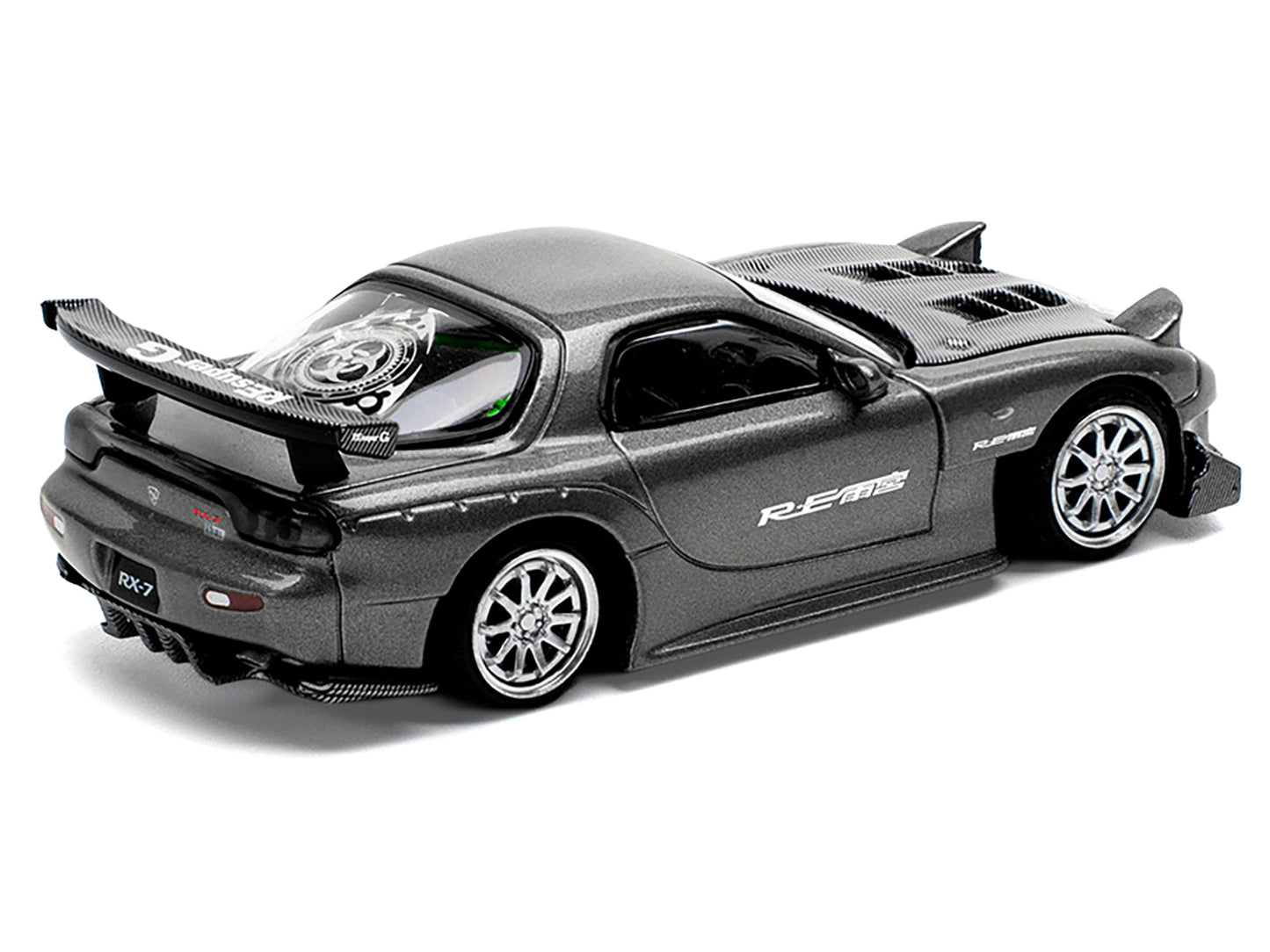 Mazda RX7 (FD) "RE Amemiya" Widebody RHD (Right Hand Drive) Gunmetal Gray Metallic with Carbon Hood 1/64 Diecast Model Car by Pop Race