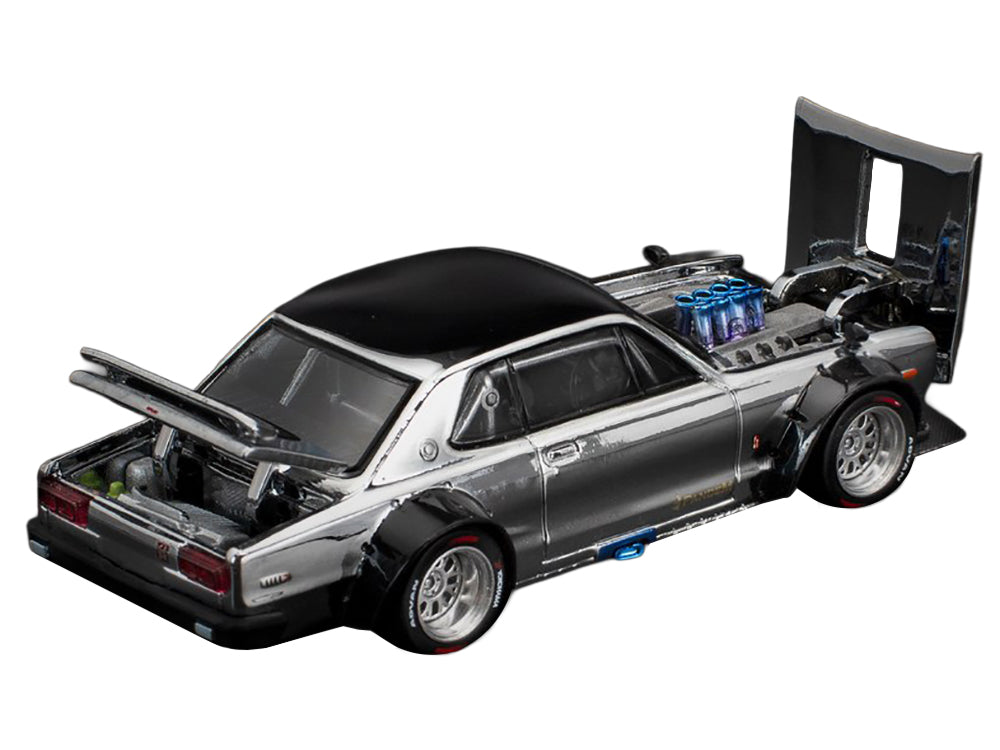 Skyline GT-R V8 Drift "Hakosuka" RHD (Right Hand Drive) Silver Chrome with Black Hood and Top 1/64 Diecast Model Car by Pop Race