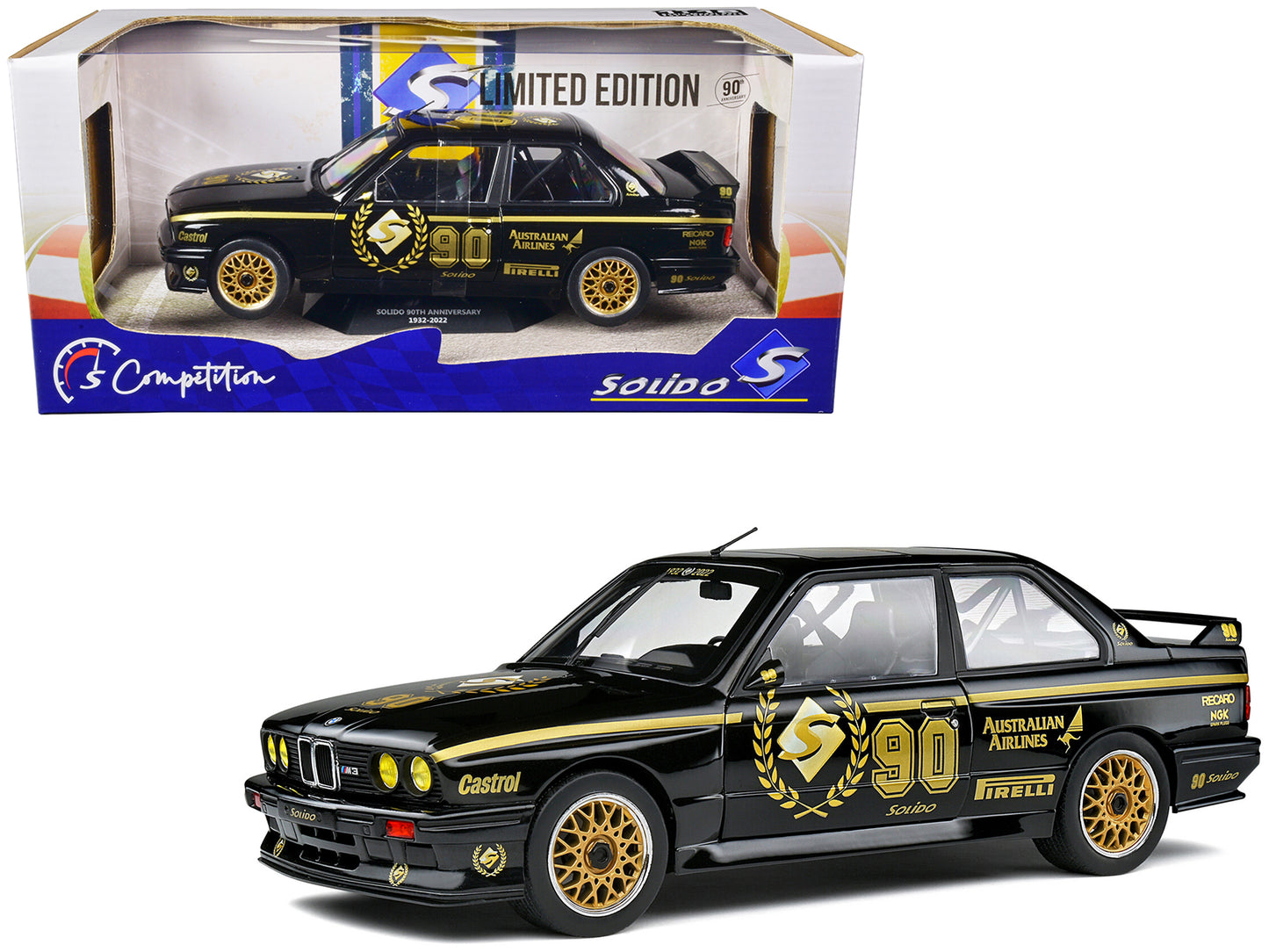 1990 BMW E30 M3 Black "Solido 90th Anniversary" Livery Limited Edition "Competition" Series 1/18 Diecast Model Car by Solido-DiecastModeler.com