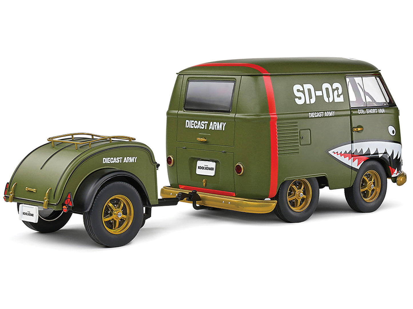 1950 Volkswagen Kool Kombi Van with Trailer "Army Fighter" Green with Graphics 1/18 Diecast Model Car by Solido-DiecastModeler.com