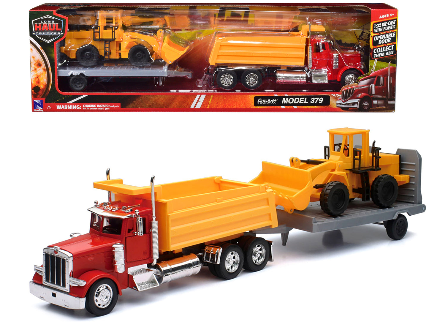 Peterbilt 379 Dump Truck Red and Wheel Loader Yellow with Flatbed Trailer "Long Haul Truckers" Series 1/32 Diecast Model by New Ray-DiecastModeler.com