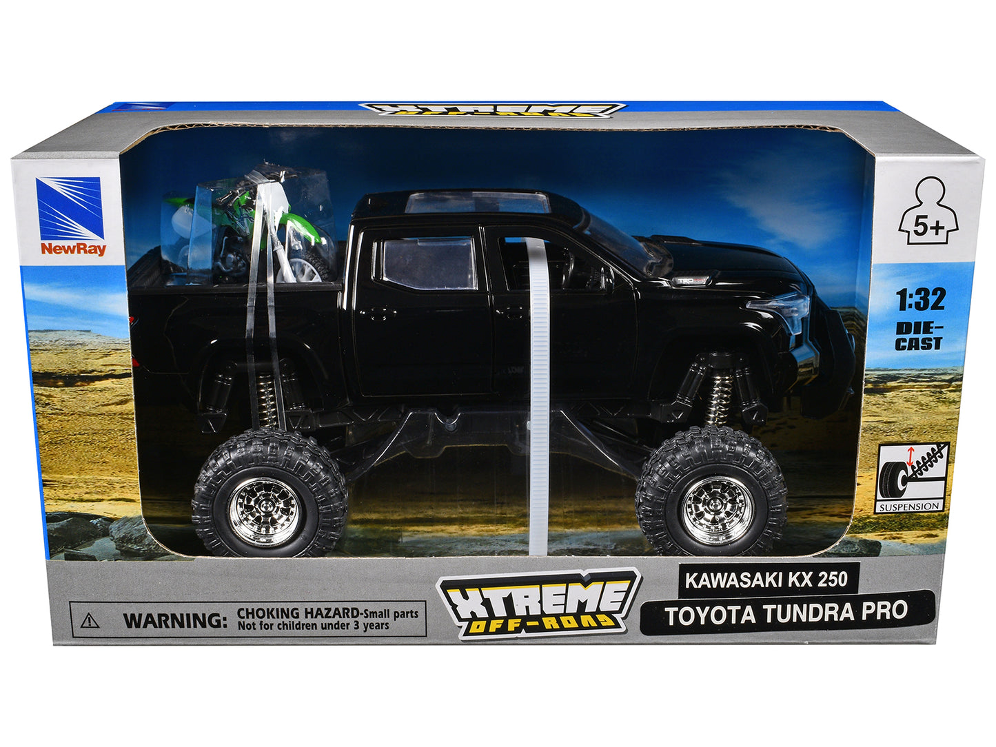 Toyota Tundra Pro Pickup Truck Black and Kawasaki KX 250 Motorcycle Green and White "Xtreme Off-Road" Series 1/32 Diecast Models by New Ray-DiecastModeler.com