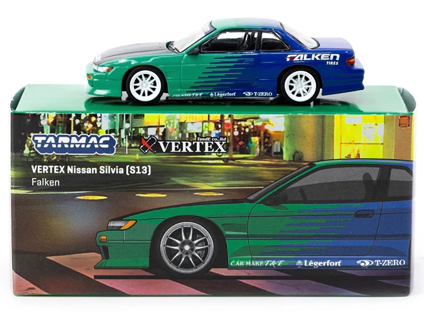 Nissan Silvia (S13) Vertex RHD (Right Hand Drive) "Falken Tires" Green and Blue wuth Carbon Hood "Global64" Series 1/64 Diecast Model by Tarmac Works-DiecastModeler.com