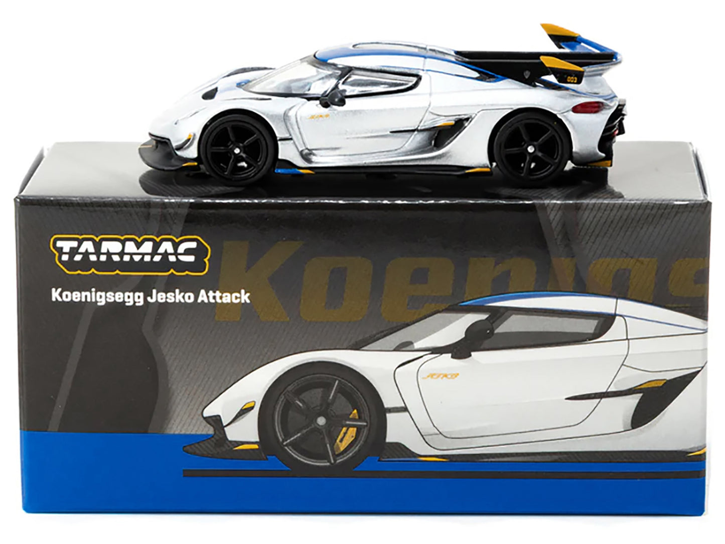 Koenigsegg Jesko Attack Silver Metallic with Blue Stripes "Global64" Series 1/64 Diecast Model by Tarmac Works