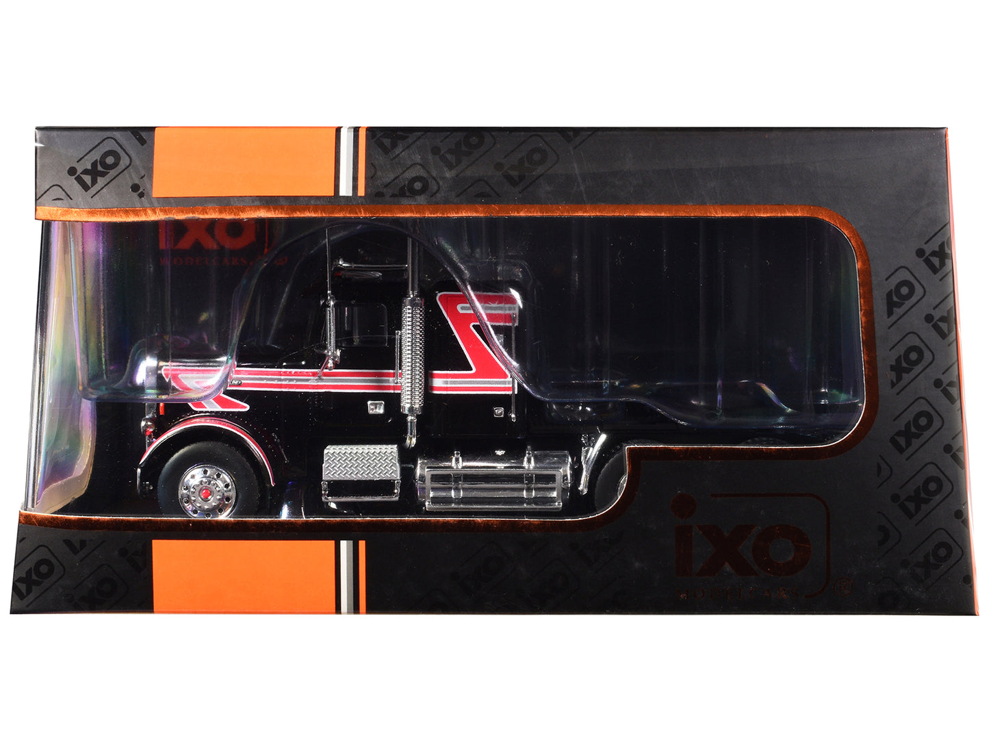 1977 Freightliner FLC 120 64 T Truck Tractor Black with Red and White Stripes 1/43 Diecast Model by IXO Models