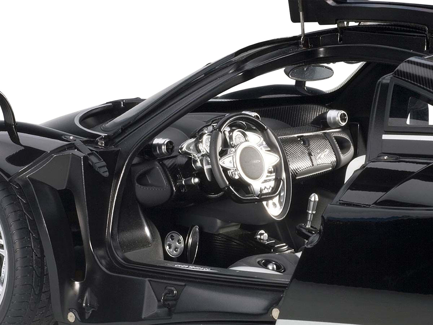 Pagani Huayra Gloss Black with Silver Stripes and Silver Wheels 1/12 Model Car by Autoart-DiecastModeler.com