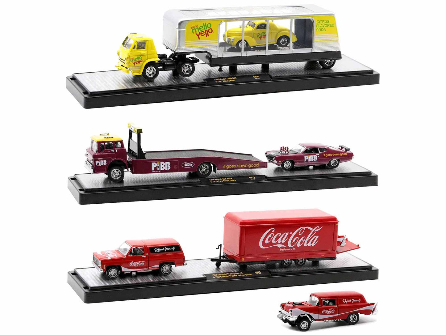Auto Haulers "Coca-Cola" Set of 3 pieces Release 23 Limited Edition 1/64 Diecast Model Cars by M2 Machines-DiecastModeler.com