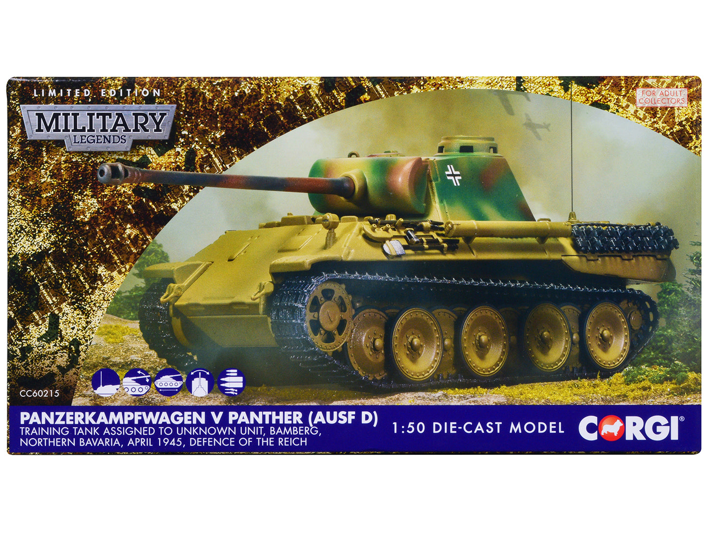 Panzerkampfwagen V Panther (Ausf D) Tank "Training Unit Bamberg North Bavaria Defence of the Reich" (1945) German Army "Military Legends" Series 1/50 Diecast Model by Corgi-DiecastModeler.com
