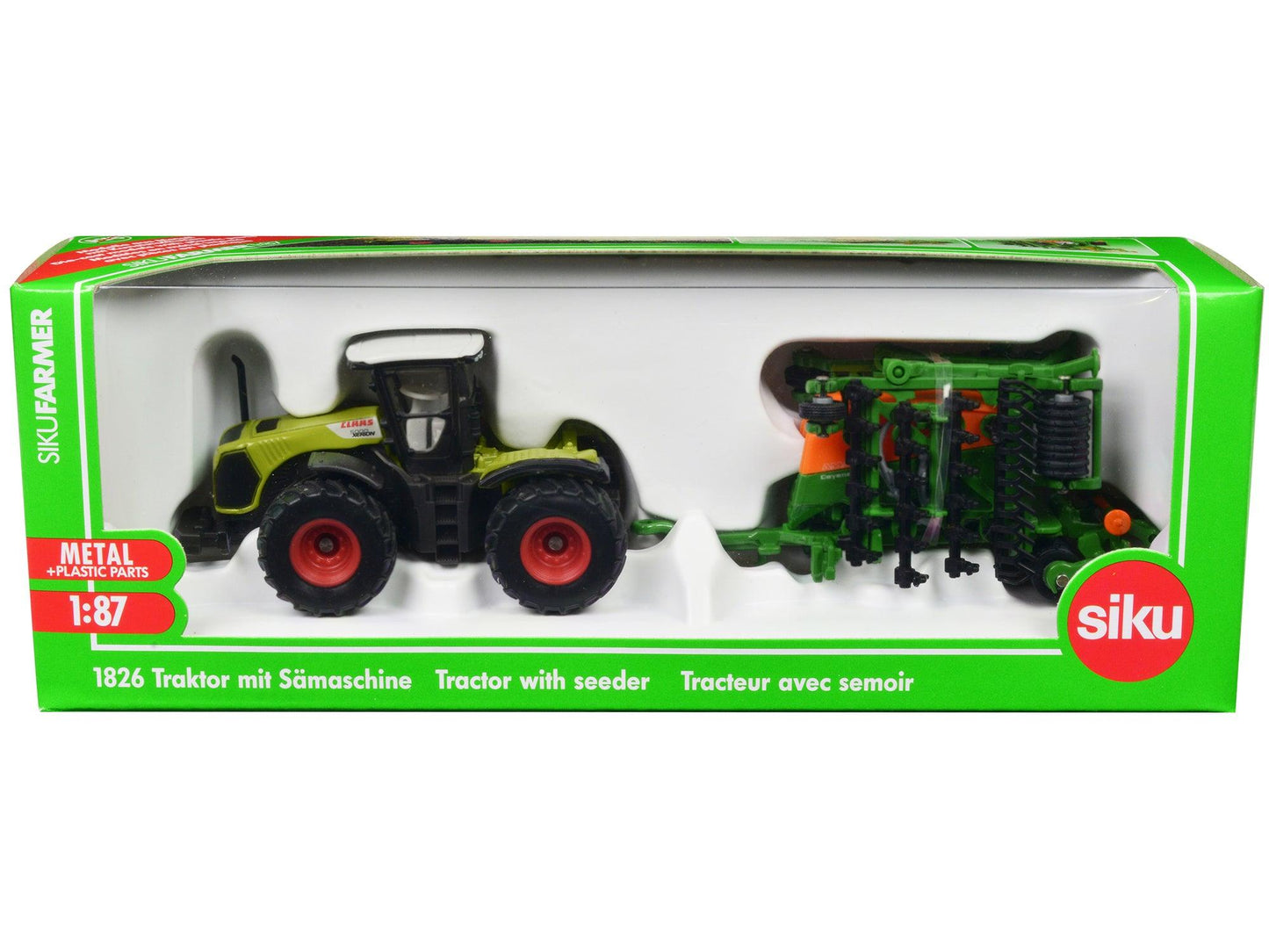 Claas Xerion 5000 Tractor Green with Gray Top and Amazone Cayena 6001 Seeder 1/87 (HO) Diecast Model by Siku-DiecastModeler.com