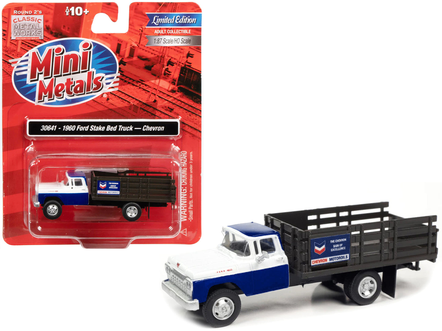 1960 Ford Stake Bed Truck "Chevron" Blue and White 1/87 (HO) Scale Model Car by Classic Metal Works-DiecastModeler.com