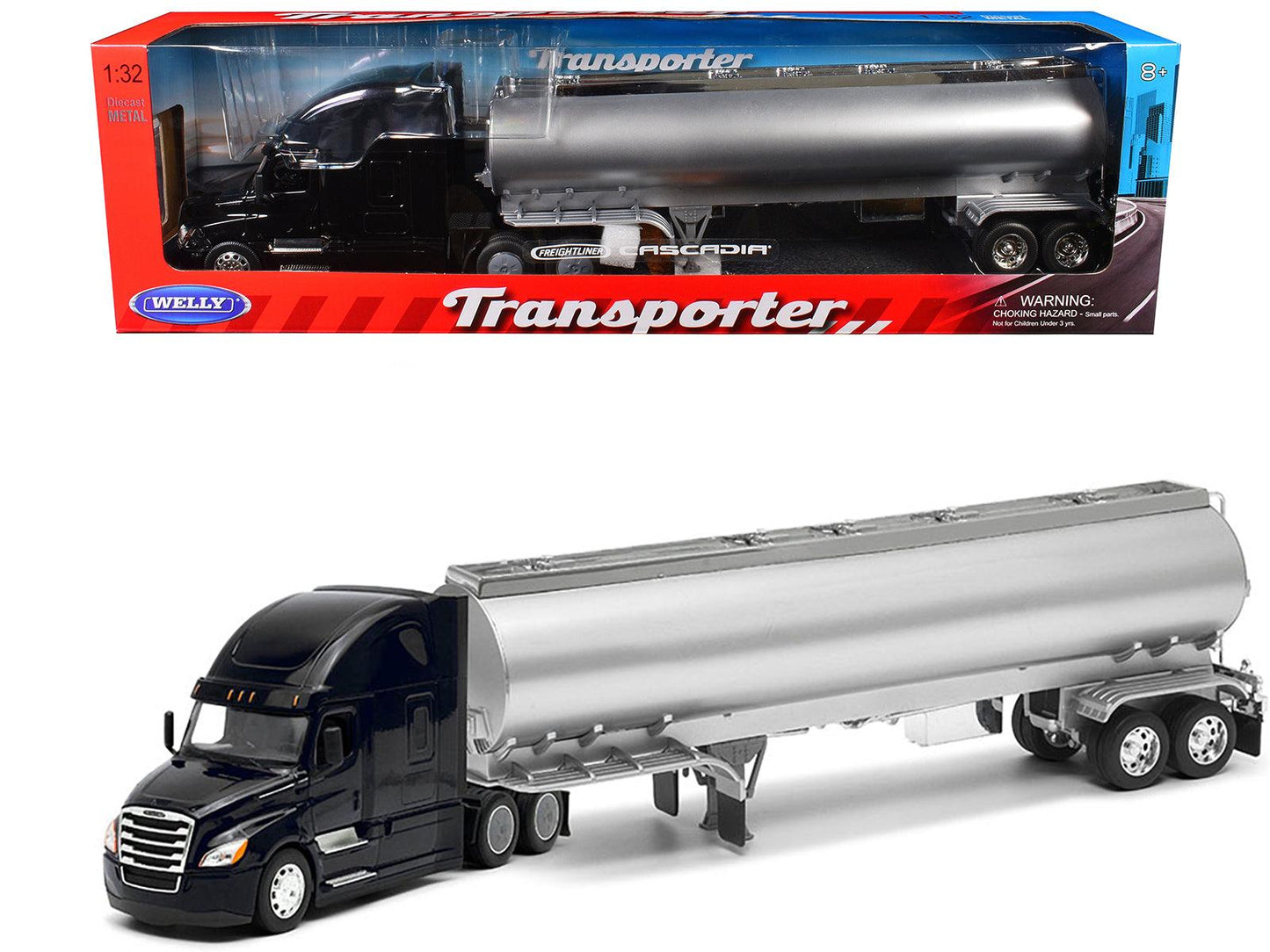 Freightliner Cascadia Truck Black with Silver Tanker Trailer "Transporter" Series 1/32 Diecast Model by Welly-DiecastModeler.com