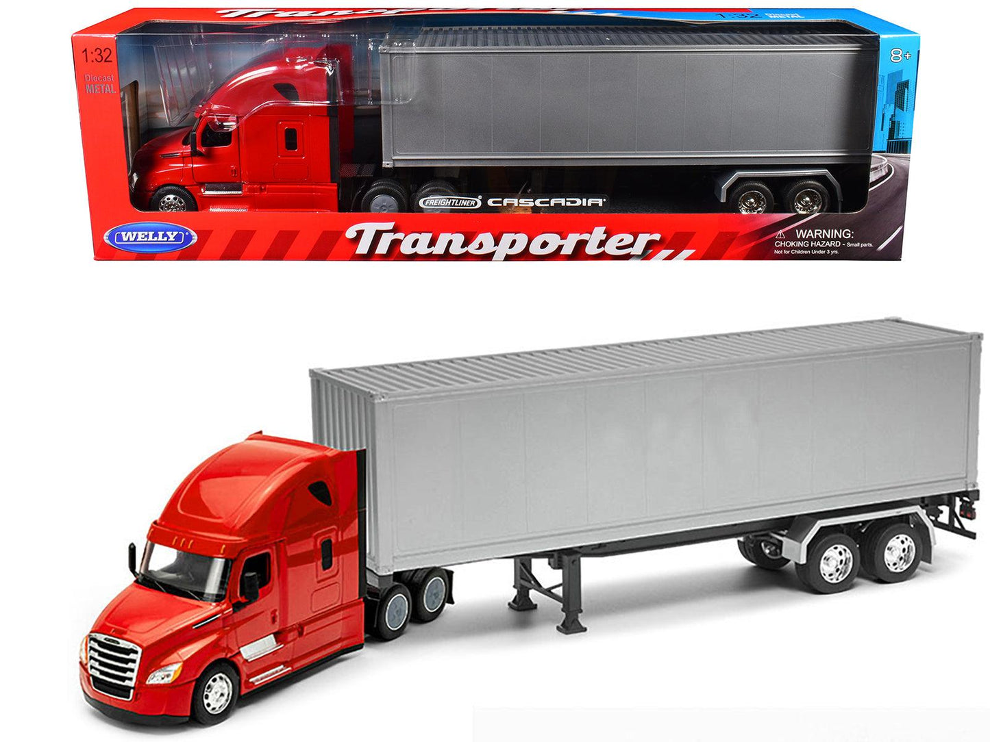 Freightliner Cascadia Truck Red with Gray Container "Transporter" Series 1/32 Diecast Model by Welly-DiecastModeler.com