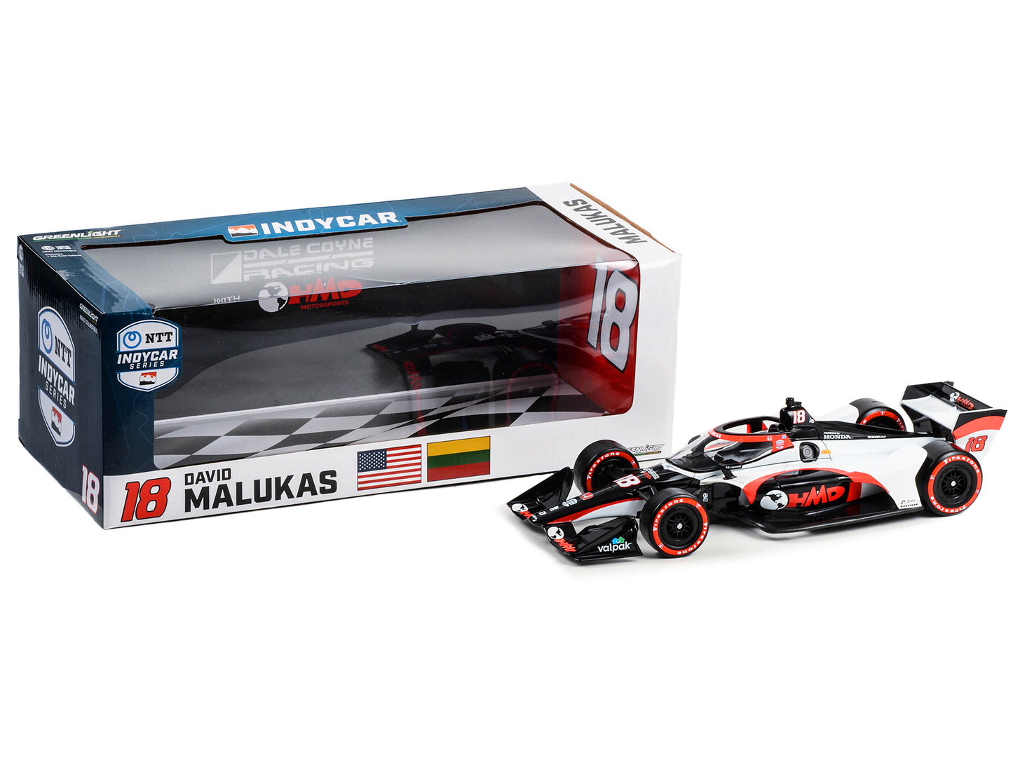 Dallara IndyCar #18 David Malukas "HMD Trucking" Dale Coyne Racing with HMD Motorsports (Road Course Configuration) "NTT IndyCar Series" (2023) 1/18 Diecast Model Car by Greenlight-DiecastModeler.com