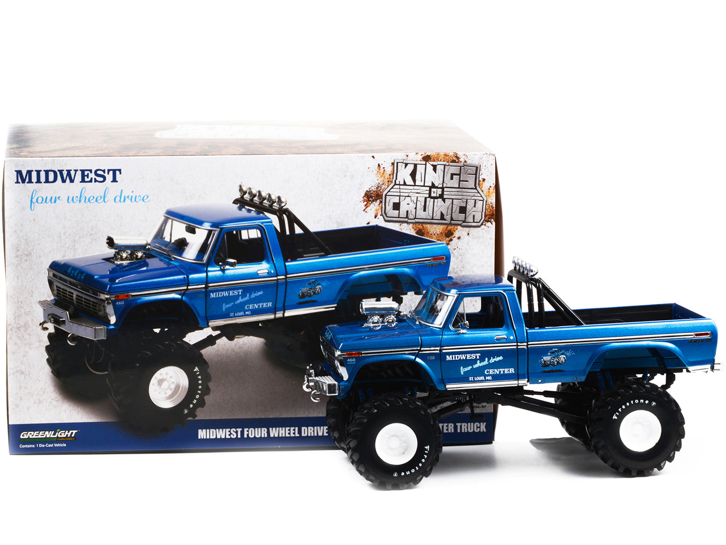 1974 Ford F-250 Ranger XLT Monster Truck with 48-Inch Tires Blue Metallic "Midwest Four Wheel Drive Center" "Kings of Crunch" Series 1/18 Diecast Model Car by Greenlight-DiecastModeler.com